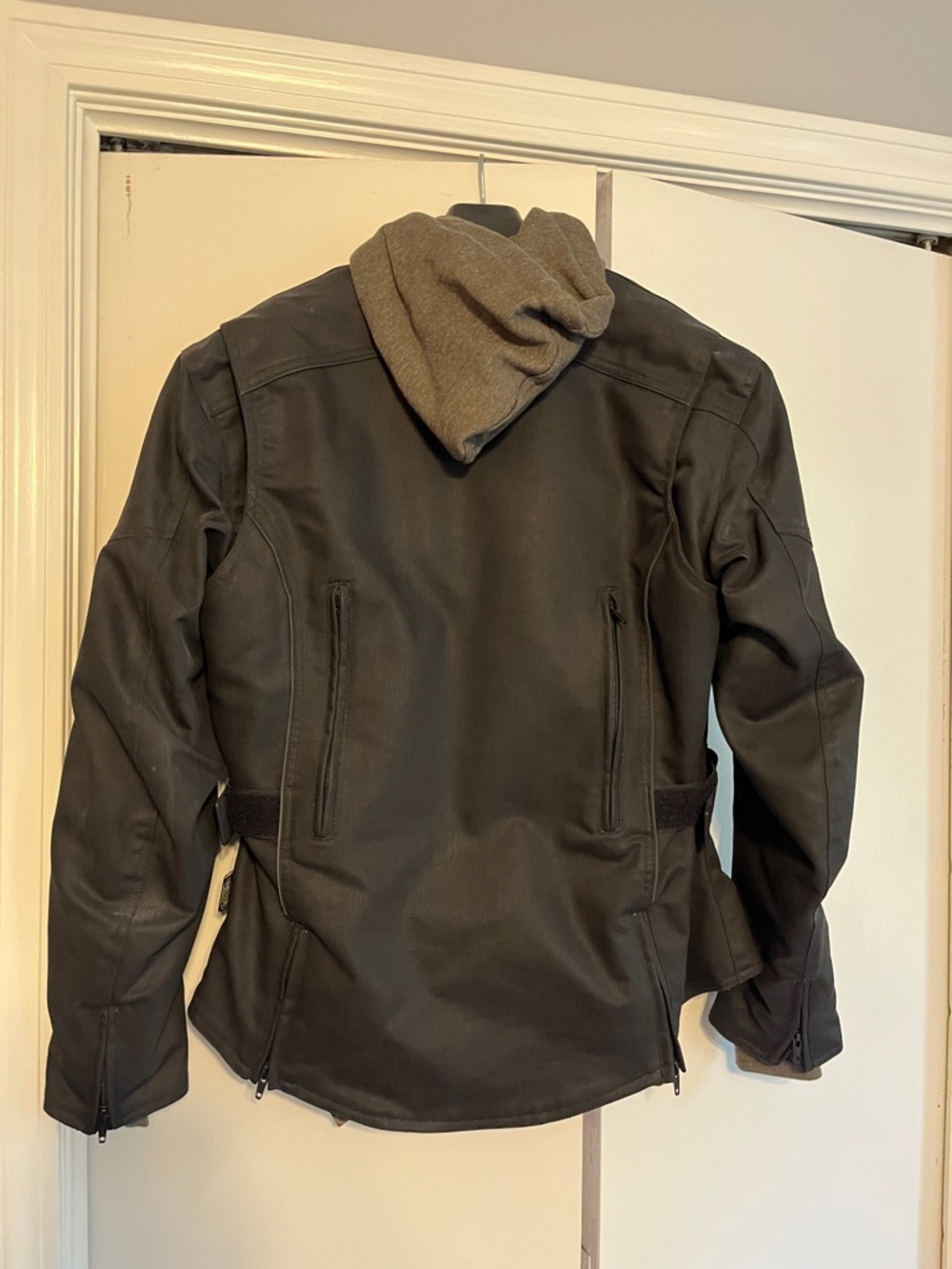 Women's Black Motorcycle Jacket- Removable Hoodie- Removable Pads - Picture 7 of 16